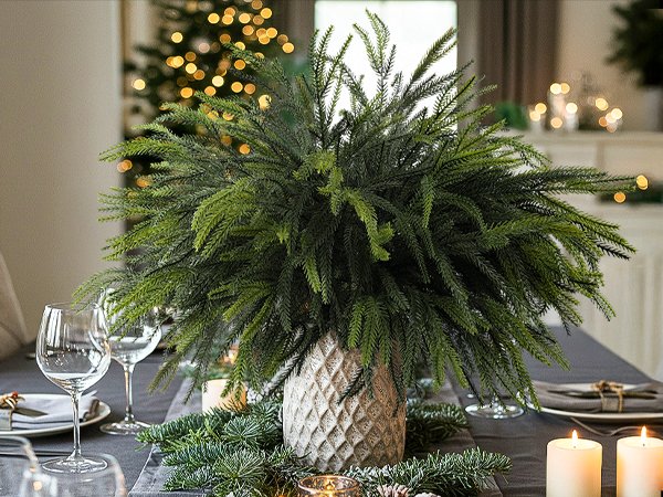 Artificial green cedar garland centerpiece on a dining table with wine glasses and candles, Christmas tree in background