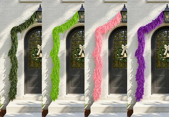 Four different colored artificial garlands draped over doorways with Christmas wreaths
