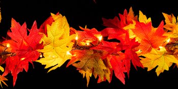 Fall maple leaf garland with warm orange incandescent lights on a black background