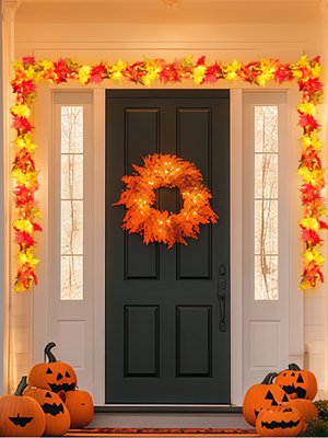 Front door decorated for fall with a maple leaf garland and wreath, illuminated by warm orange lights, with pumpkins on the porch.
