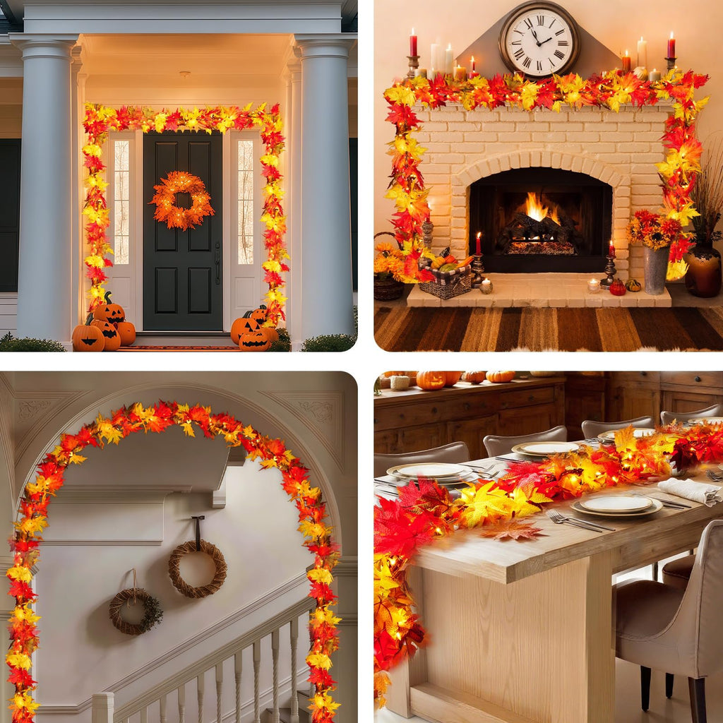 Collage of fall maple leaf garland with warm orange lights decorating a porch, fireplace, staircase, and dining table.