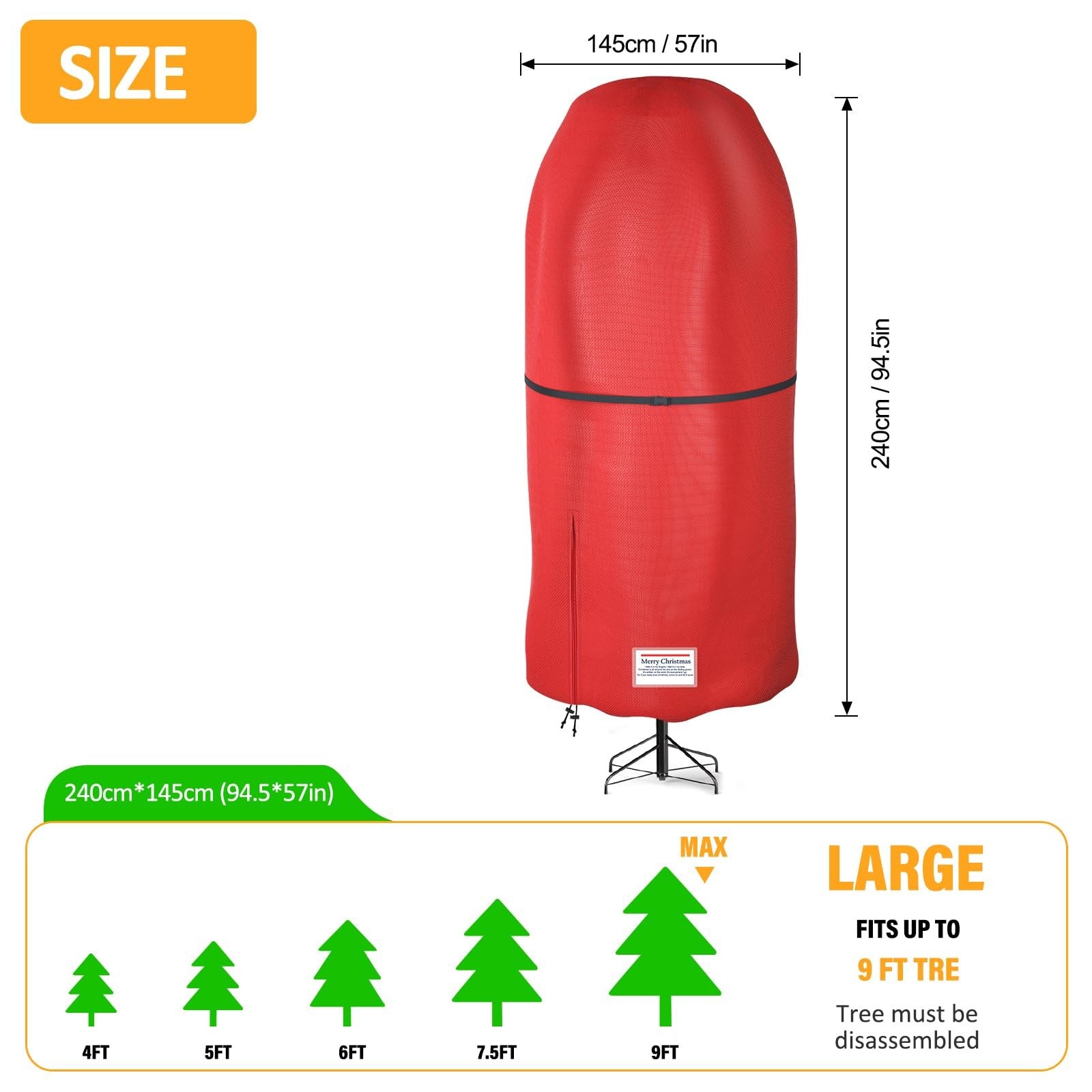 Red Christmas tree storage cover shown assembled on a stand, with dimensions and size comparison graphics.
