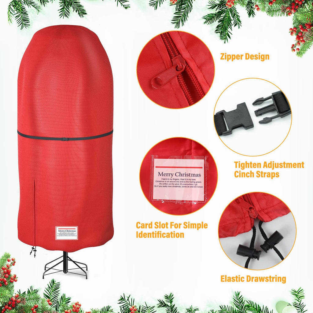 Red Christmas tree storage cover shown upright on its stand, with close-ups of zipper, buckle, card slot, and drawstring.