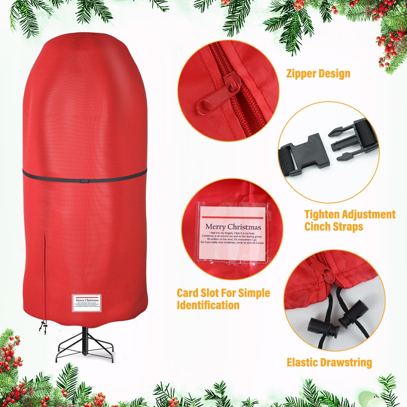 Red Christmas tree storage cover shown upright on its stand, with close-ups of zipper, buckle, card slot, and drawstring.