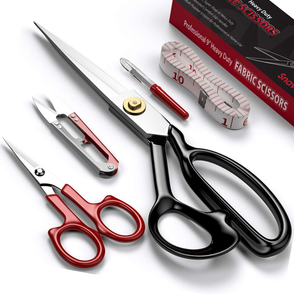 Set of fabric scissors, detail scissors, and measuring tape on a white background. The large scissors have black handles.