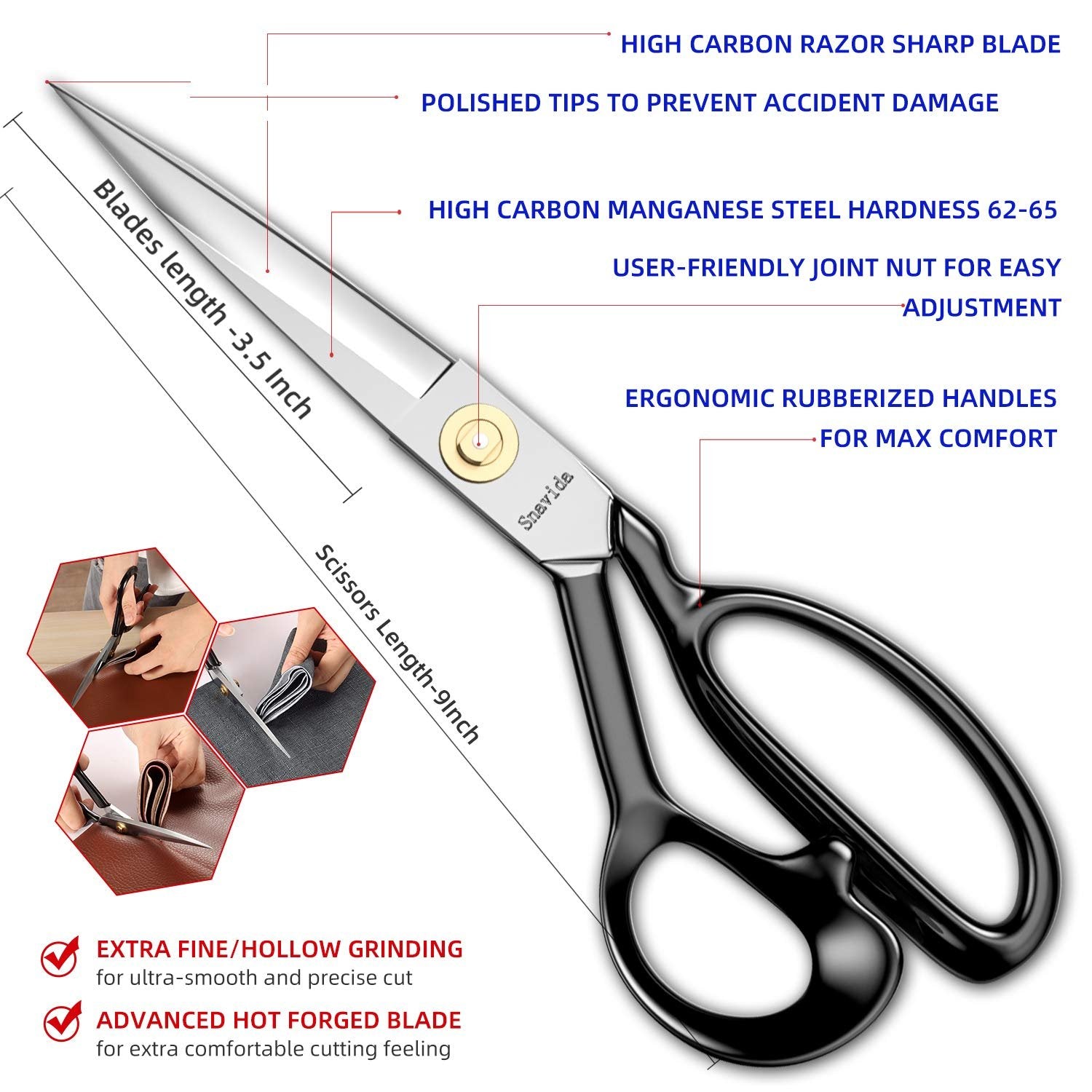 9 inch heavy duty fabric scissors with text callouts and inset images of use