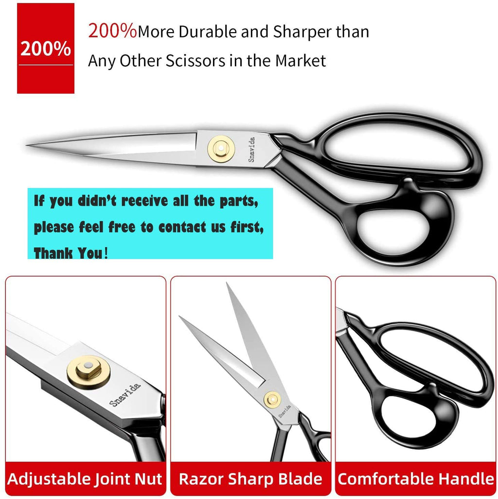 Heavy duty fabric scissors with three detail shots highlighting adjustable joint nut, sharp blade, and comfortable handle.
