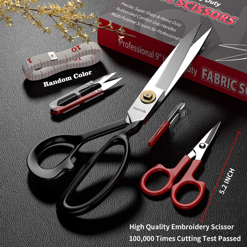 Fabric scissors set with 9-inch shears, detail scissors, and measuring tape on a dark textured surface.