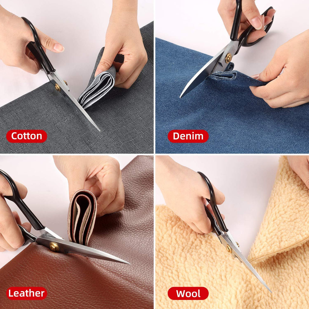 Four panels showing scissors cutting different fabrics: cotton, denim, leather, and wool.