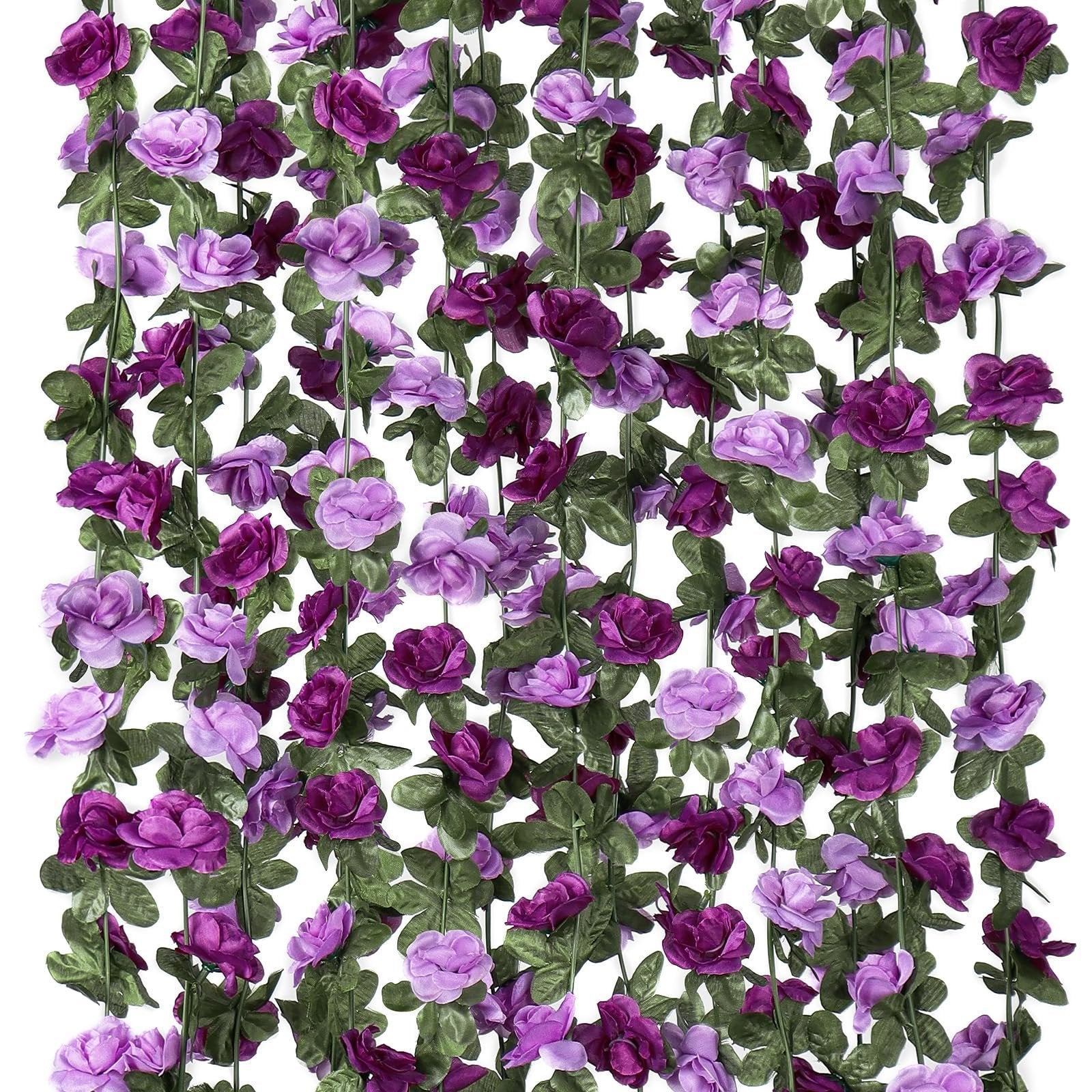 Artificial purple rose garland with green leaves hanging vertically against a white background.