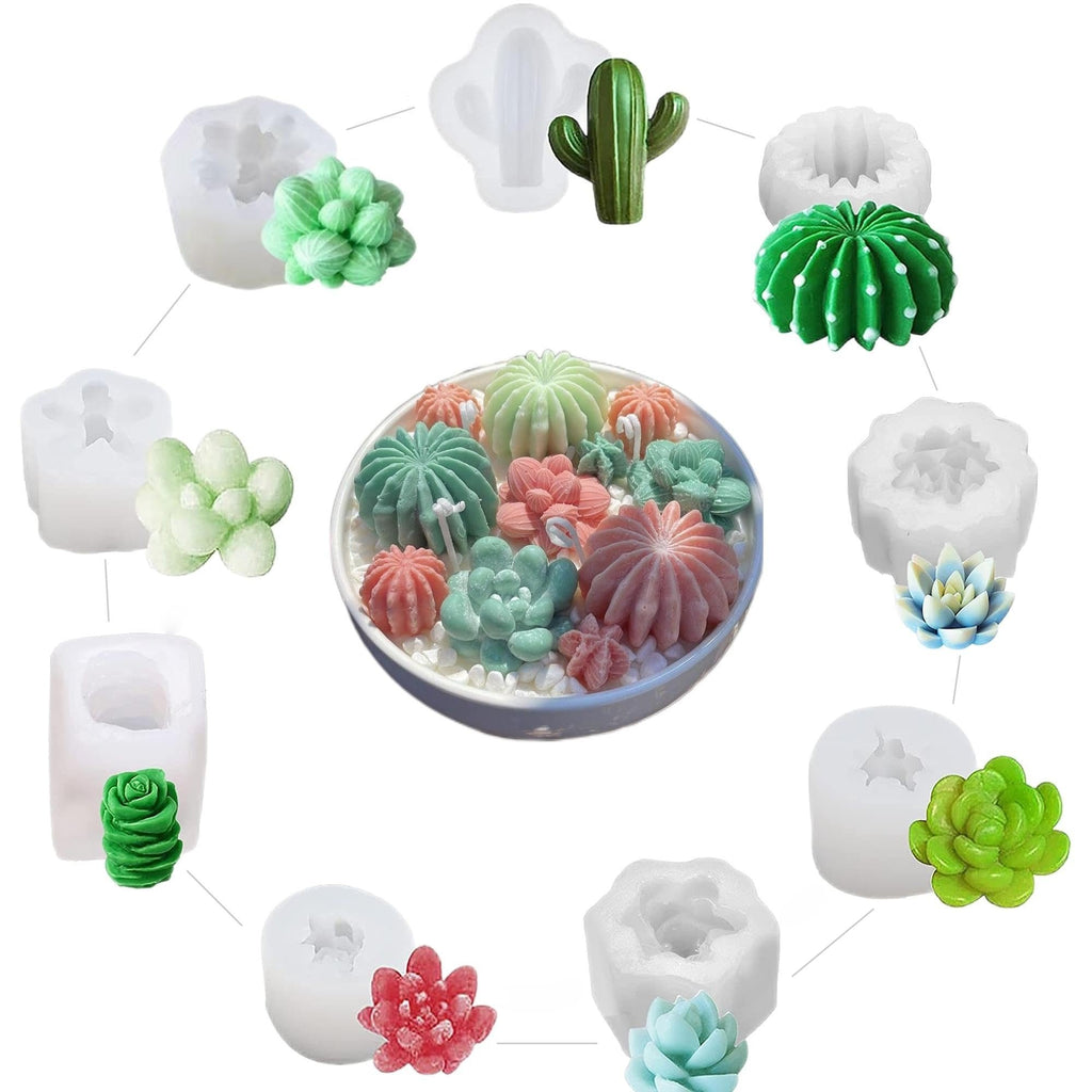 Collection of silicone molds and finished succulent and cactus shapes for crafts, candles, and soaps.