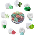 Collection of silicone molds and finished succulent and cactus shapes for crafts, candles, and soaps.
