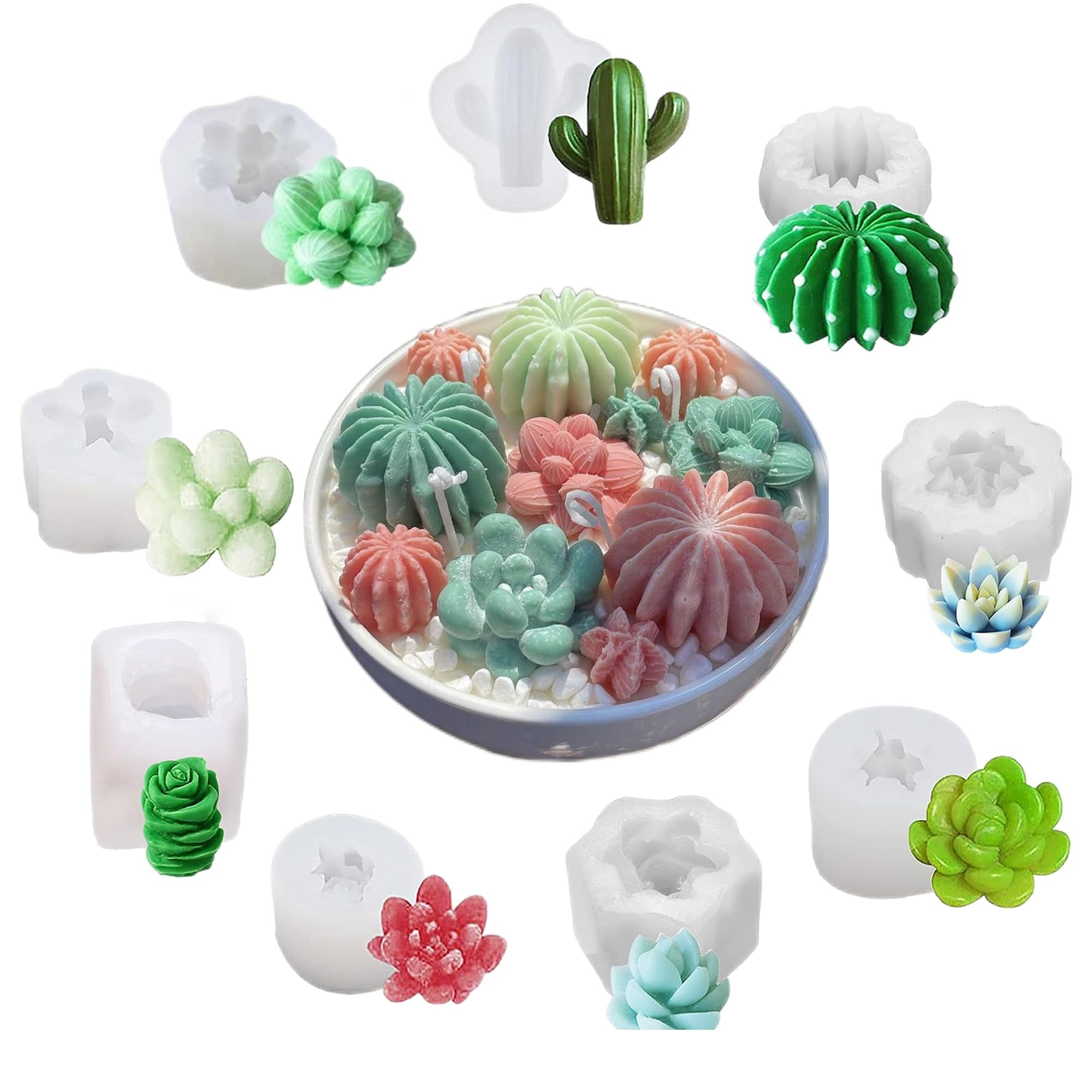 Collection of silicone molds and finished succulent and cactus shapes for crafts