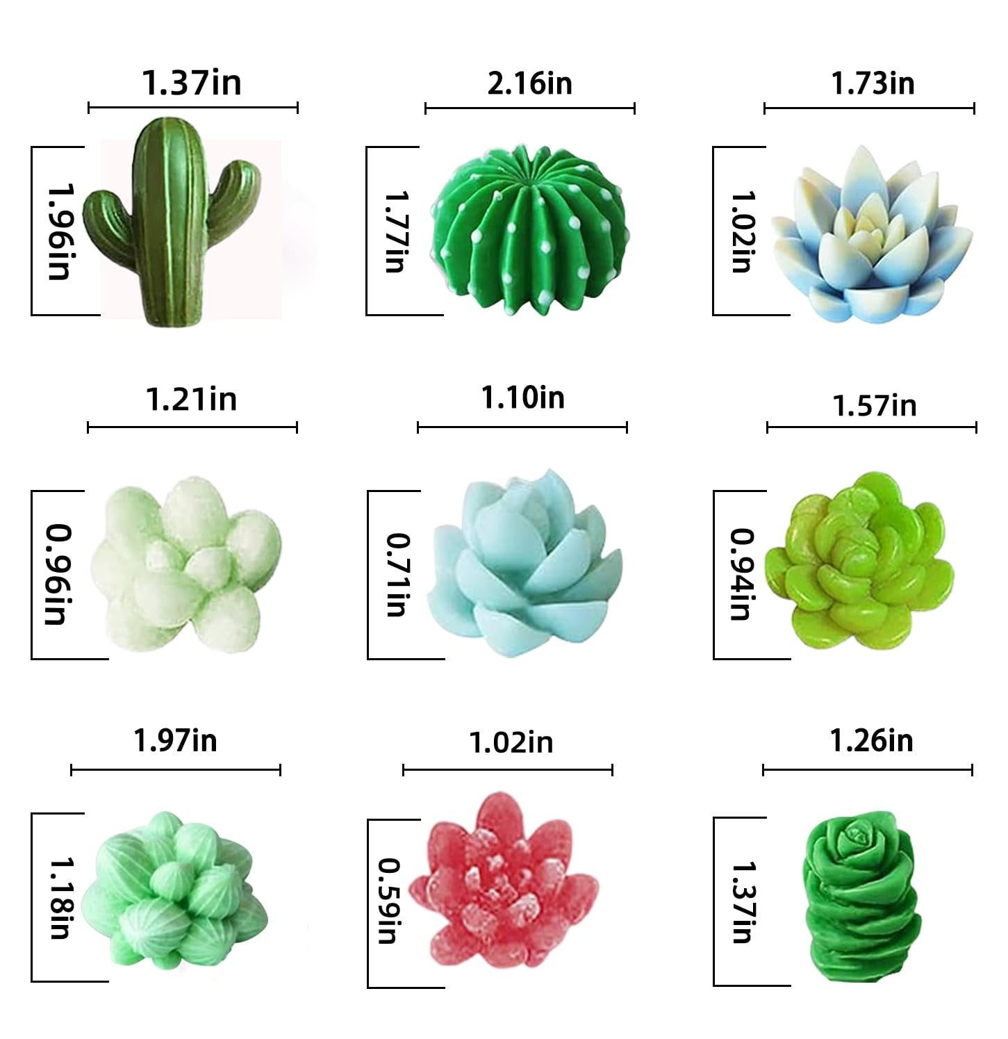 Nine different silicone molds in succulent and cactus shapes with size dimensions indicated.
