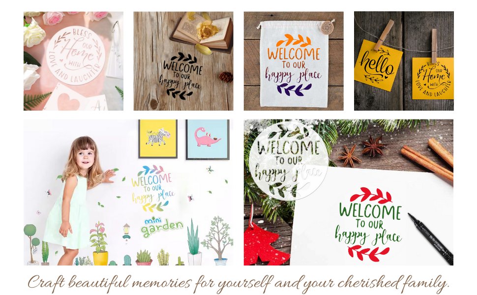 Collage of stencils and lifestyle images featuring welcome messages and home decor.