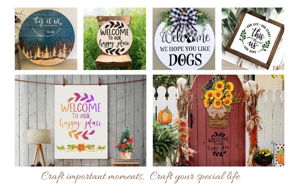 Collage of welcome signs and seasonal decor, including round wooden signs with text and graphics, a framed sign, and a hanging sign with floral accents.