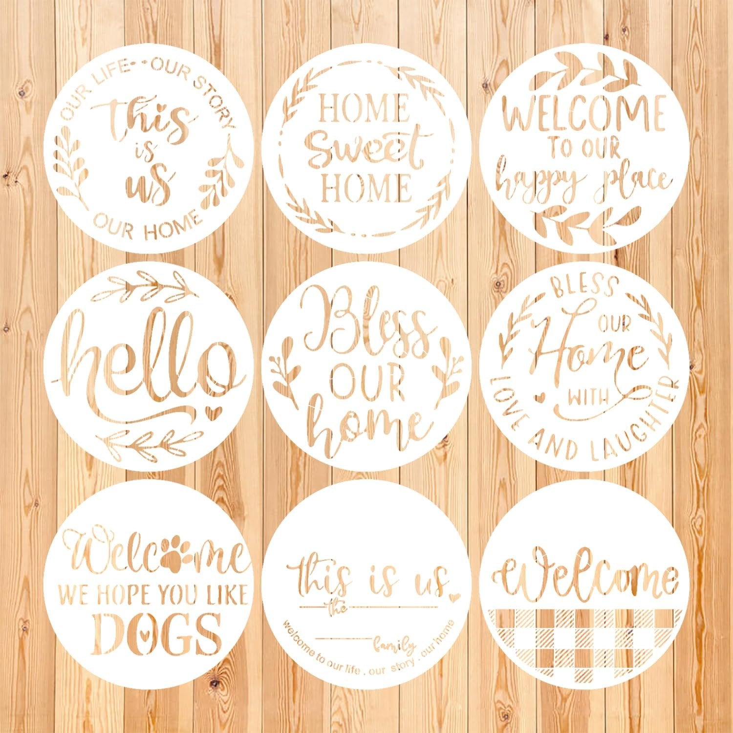 Nine round stencils with various welcome-themed phrases and designs, arranged on a wooden background.
