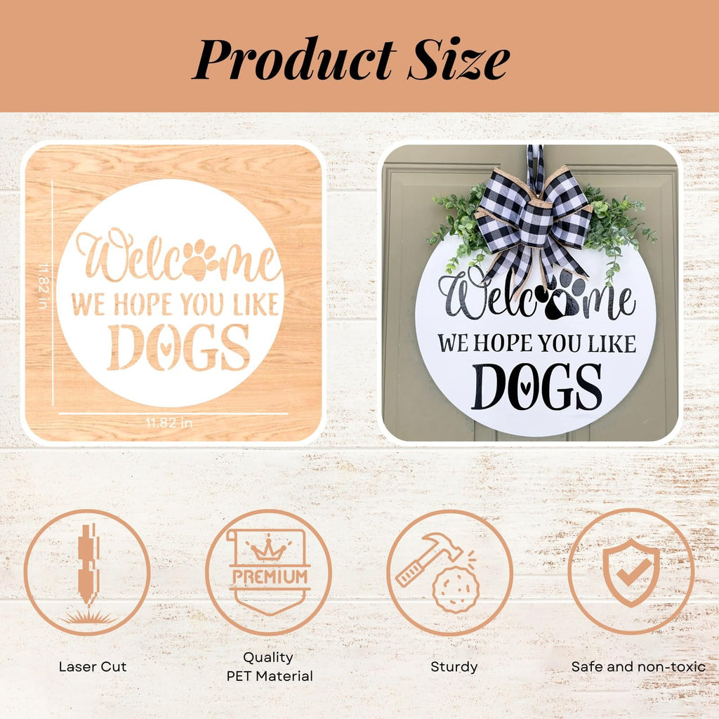 Round welcome sign with paw print and text 'WE HOPE YOU LIKE DOGS' shown on a door and as a product size reference.