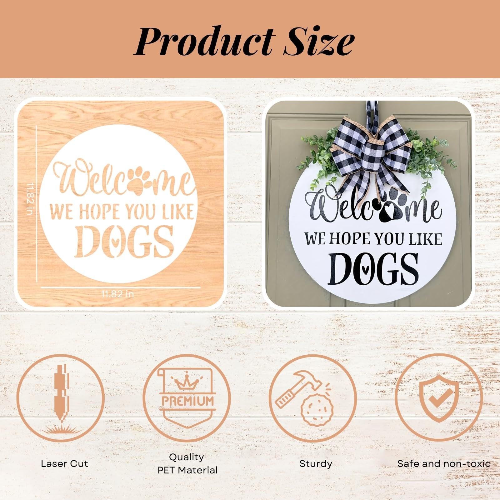Round welcome sign with paw print and text 'WE HOPE YOU LIKE DOGS' shown on a door and as a product size reference.