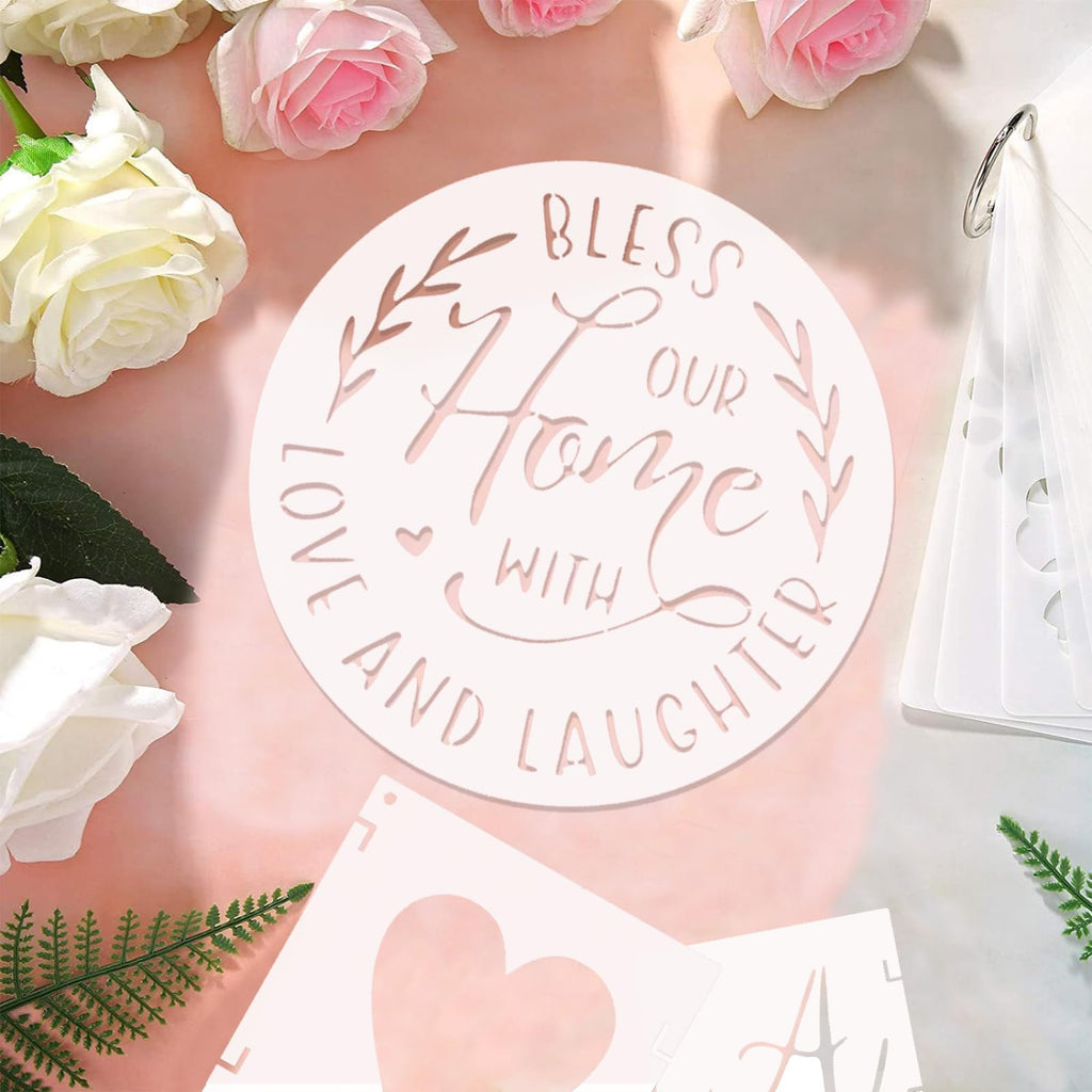 Round stencil with 'Bless Our Home With Love And Laughter' text, surrounded by roses and greenery.