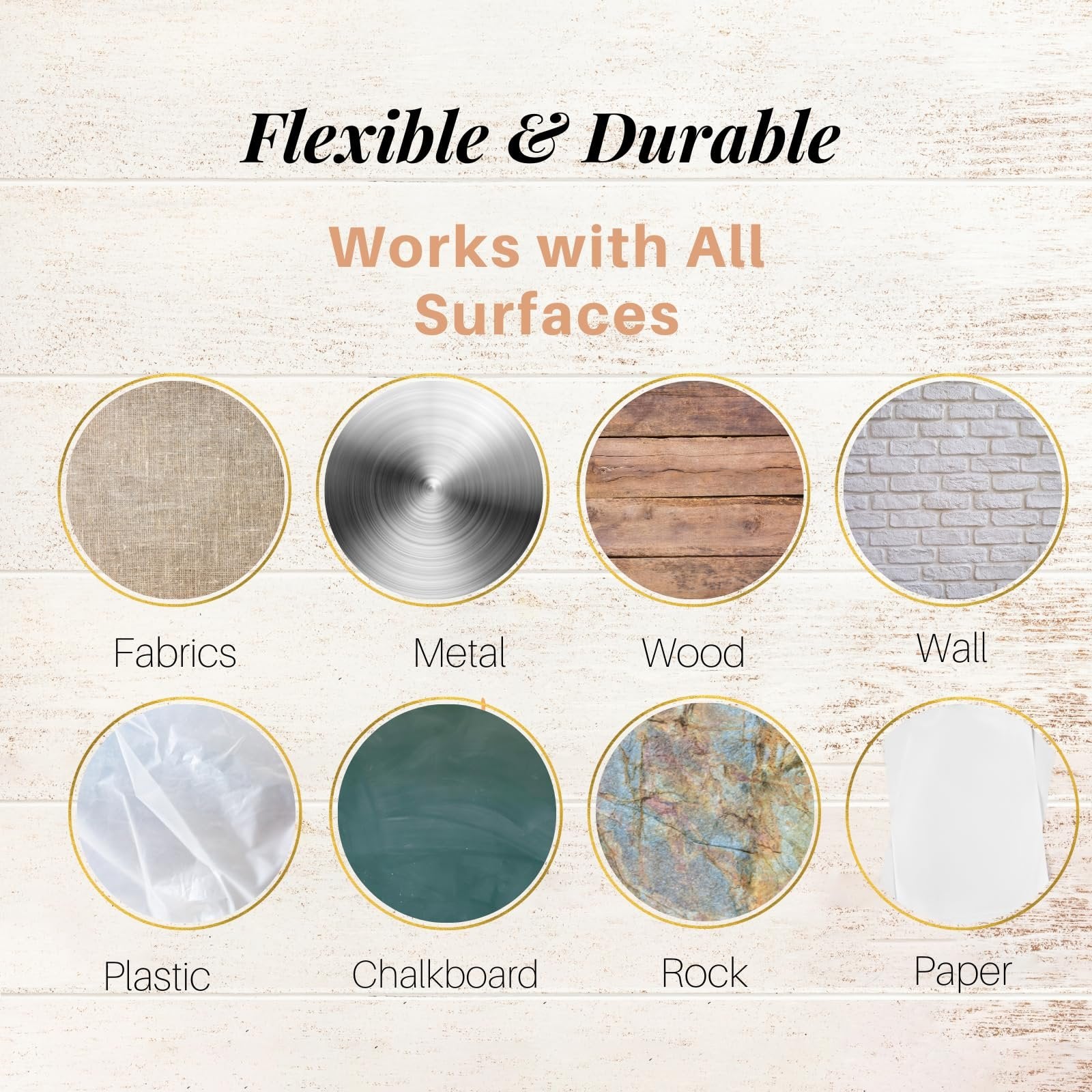 Eight circular swatches showing different surfaces like fabric, metal, wood, wall, plastic, chalkboard, rock, and paper, with text overlays indicating surface types.