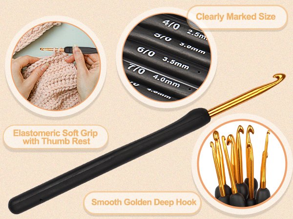 Crochet hook set with ergonomic soft grips and gold-colored hooks, showing size markings and a hand crocheting.