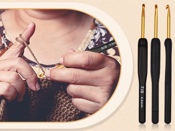 Close-up of hands crocheting with a set of ergonomic crochet hooks, showing sizes 8/0 5.0mm and 7/0 4.0mm