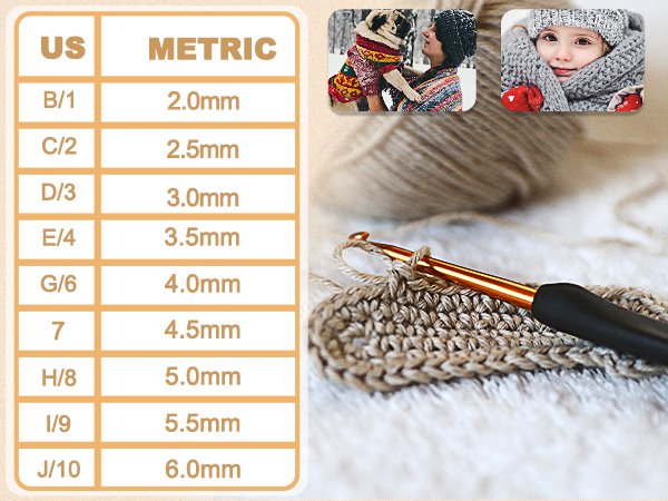 Crochet hook with ergonomic grip working on a swatch of beige yarn, with a size chart and lifestyle photos in the background.
