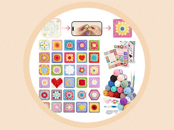 Crochet kit with colorful yarn balls, hooks, and various crocheted squares, plus a book and instructional graphics.