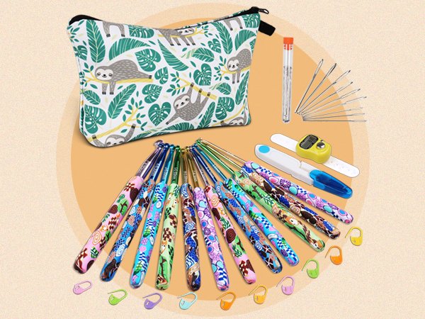 Set of 9 ergonomic crochet hooks with colorful handles, a sloth-patterned storage bag, sewing needles, and stitch markers.