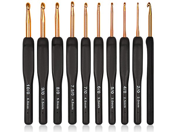 Set of nine ergonomic crochet hooks with black handles and gold metal tips, sizes labeled on handles.