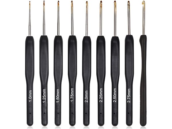 Set of 9 ergonomic crochet hooks with soft grips, sizes 1.0mm to 2.75mm, displayed on a white background.