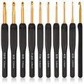 Set of 9 aluminum crochet hooks with black ergonomic handles, each labeled with size.