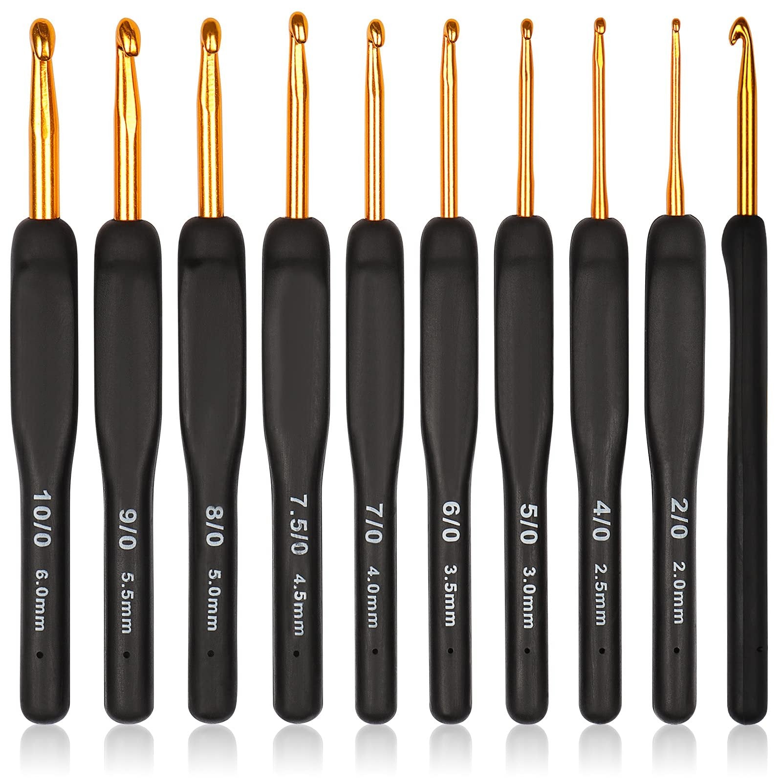 Set of 9 aluminum crochet hooks with black ergonomic handles, each labeled with size.