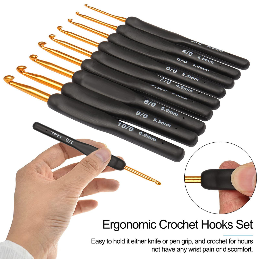 Set of ergonomic crochet hooks with gold metal tips and black soft grips, one hook held by a hand.