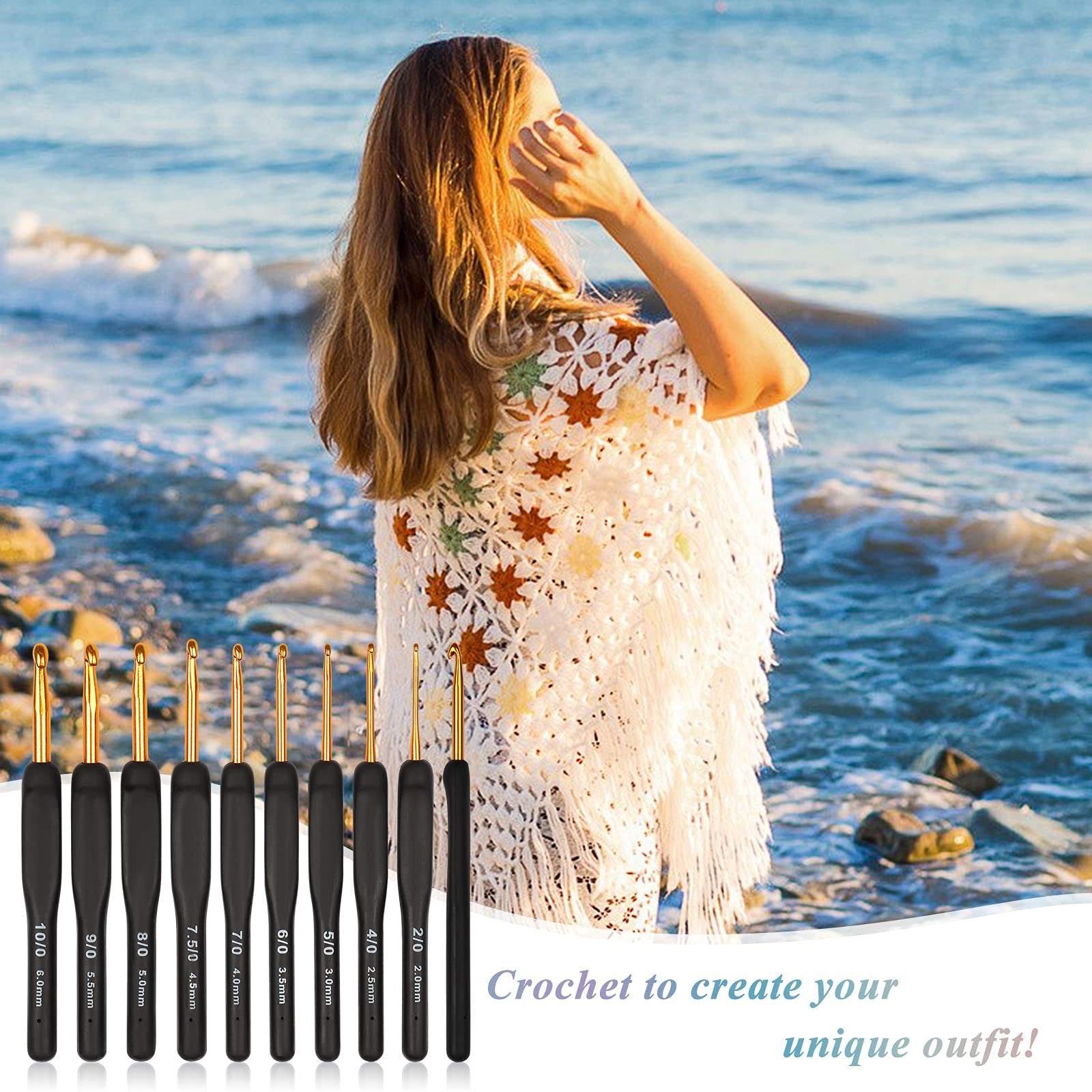 Set of 9 ergonomic crochet hooks with soft grips displayed in front of a woman wearing a crocheted shawl by the ocean.