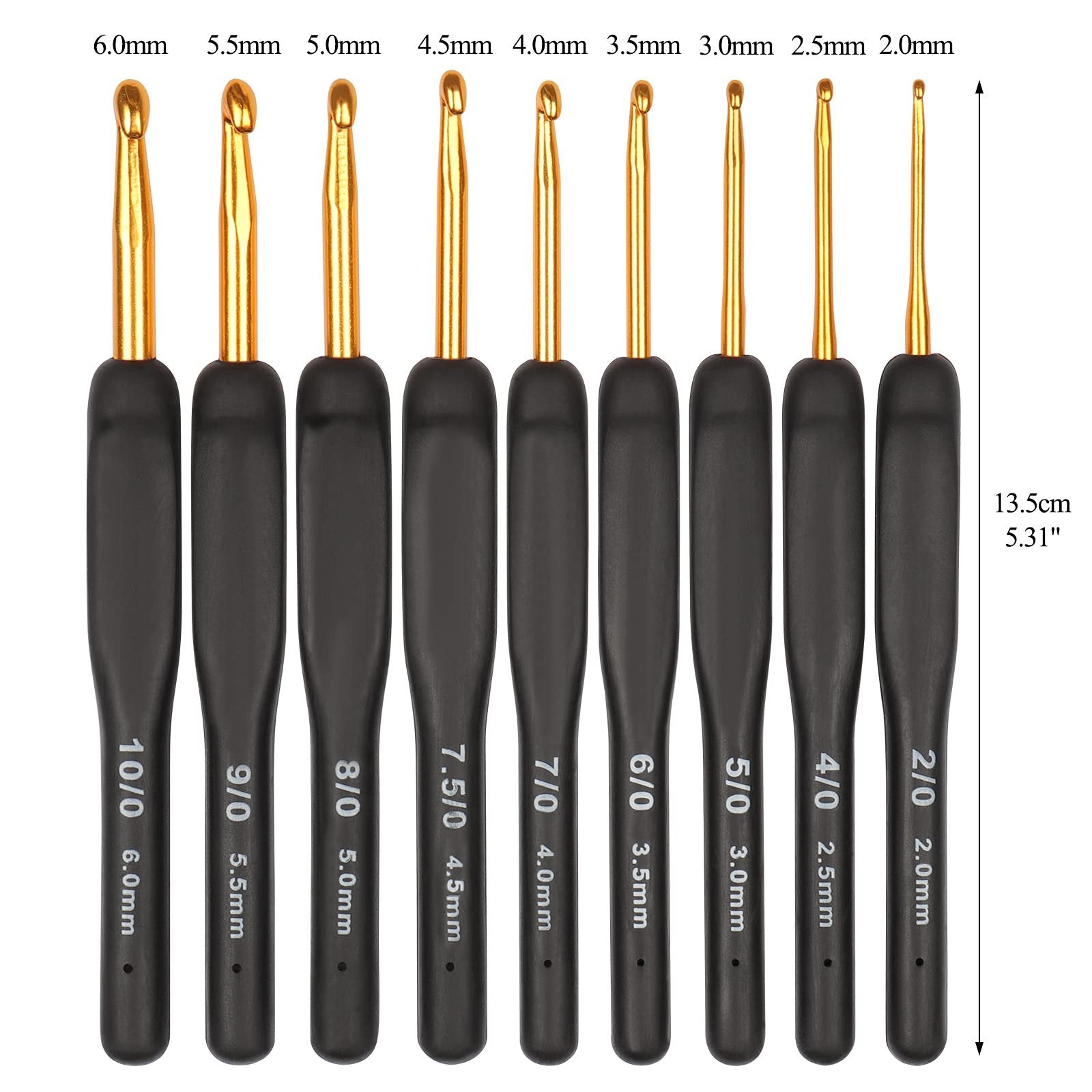 Set of 9 aluminum crochet hooks with black ergonomic handles, showing sizes from 2.0mm to 6.0mm.