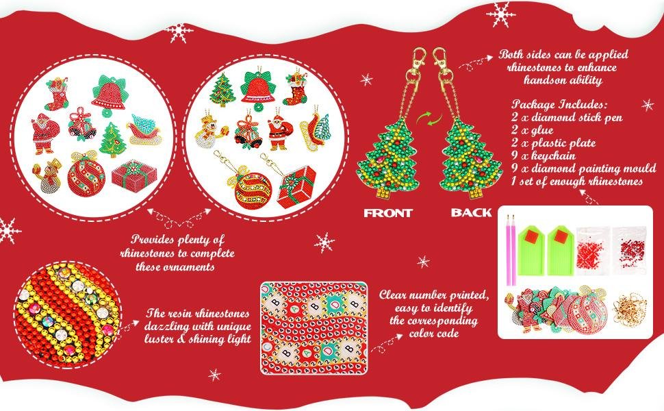Diamond art Christmas ornament keychain kit showing various holiday-themed pendants and kit contents.