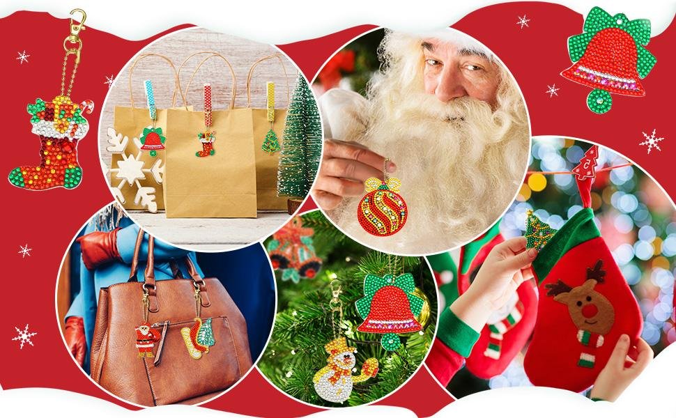 Collage of Christmas diamond art keychain kits including a stocking, ornament, snowman, bell, and Santa, shown on bags, a purse, and a tree.
