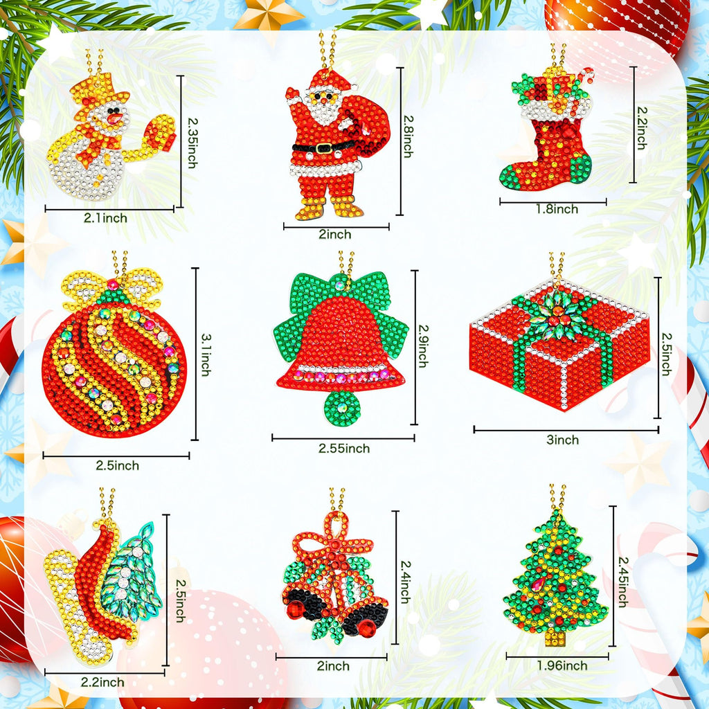Nine diamond art Christmas ornament keychains including Santa, snowman, stocking, bell, gift box, tree, and more, with dimensions shown.