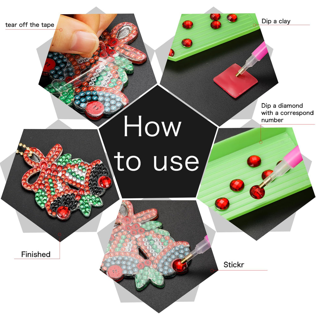 Diamond art keychain kit assembly instructions showing steps like tearing tape, dipping clay, picking up diamonds, and the finished product.