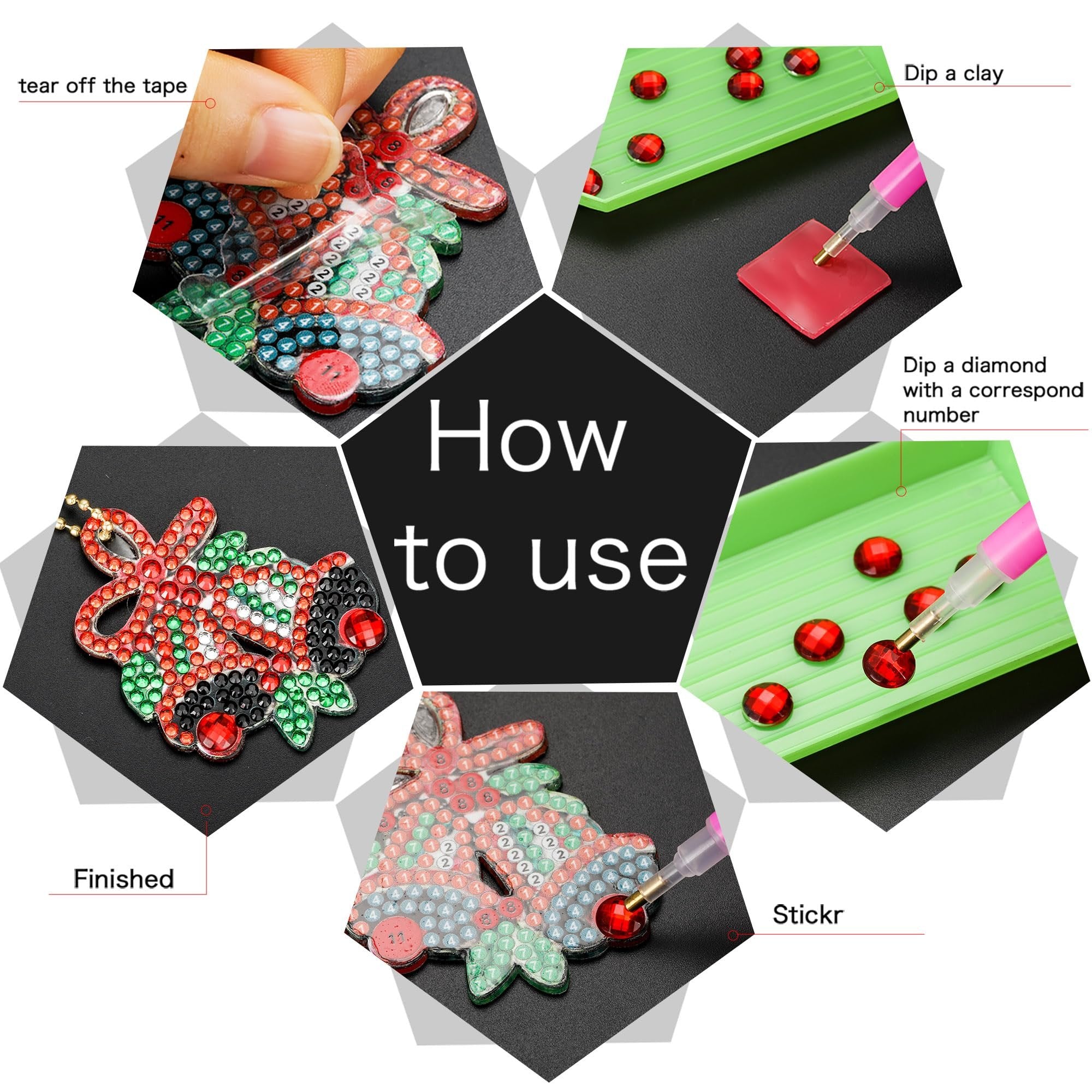 Diamond art keychain kit assembly instructions showing steps like tearing tape, dipping clay, picking up diamonds, and the finished product.