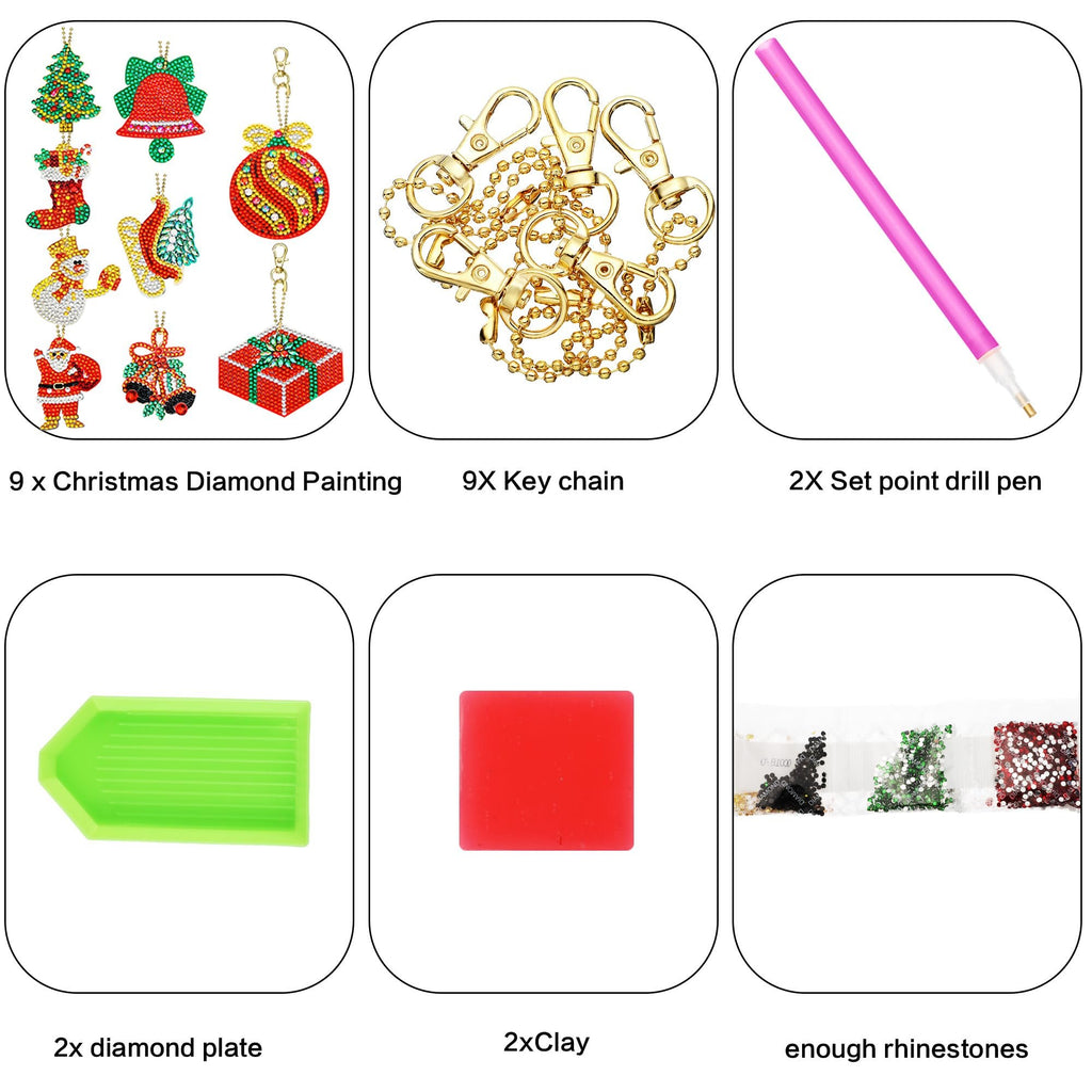 Diamond art Christmas ornament keychain kit components: 9 diamond paintings, keychains, drill pens, diamond plates, clay, and rhinestones.