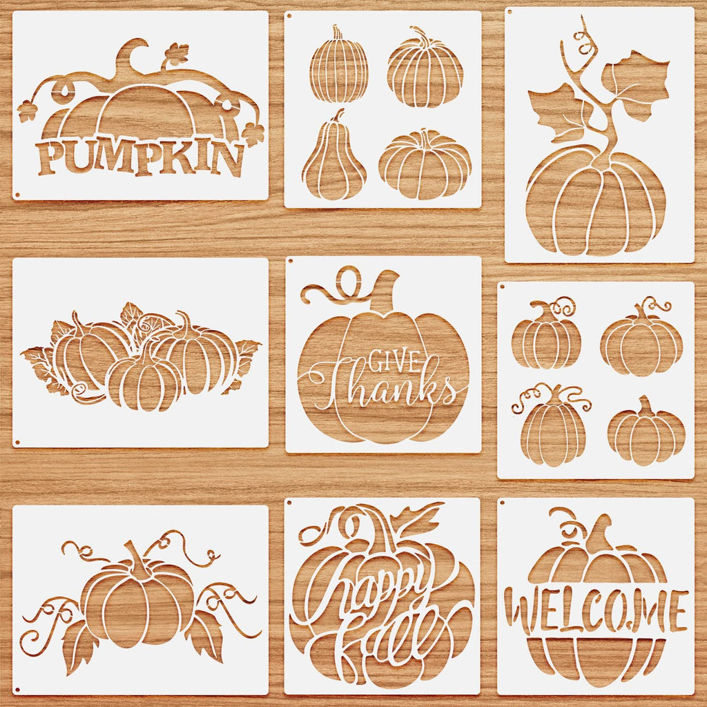 Nine fall pumpkin stencils with various designs including text like 'Pumpkin', 'Give Thanks', 'Happy Fall', and 'Welcome'.