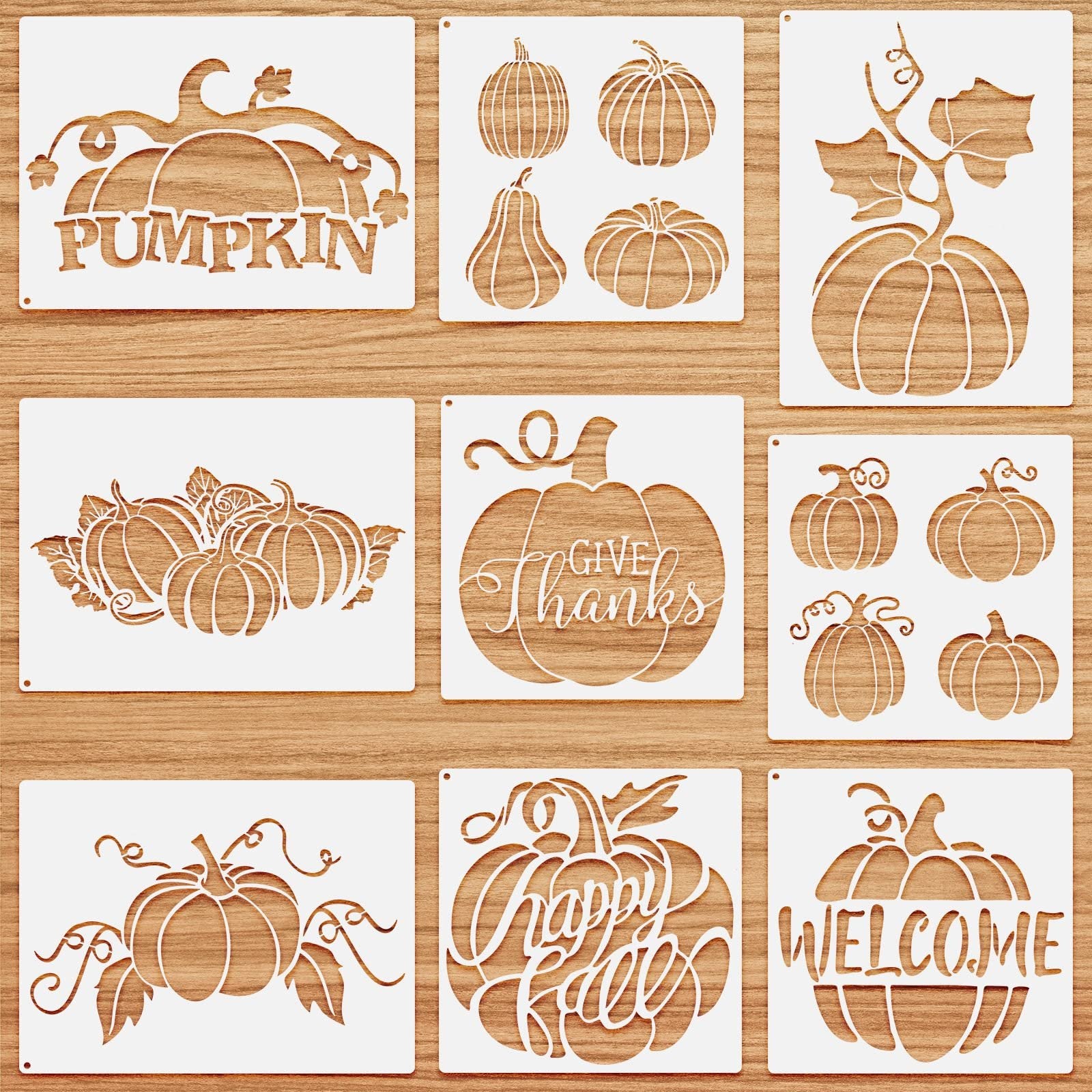 Nine fall pumpkin stencils with various designs including text like 'Pumpkin', 'Give Thanks', 'Happy Fall', and 'Welcome'.