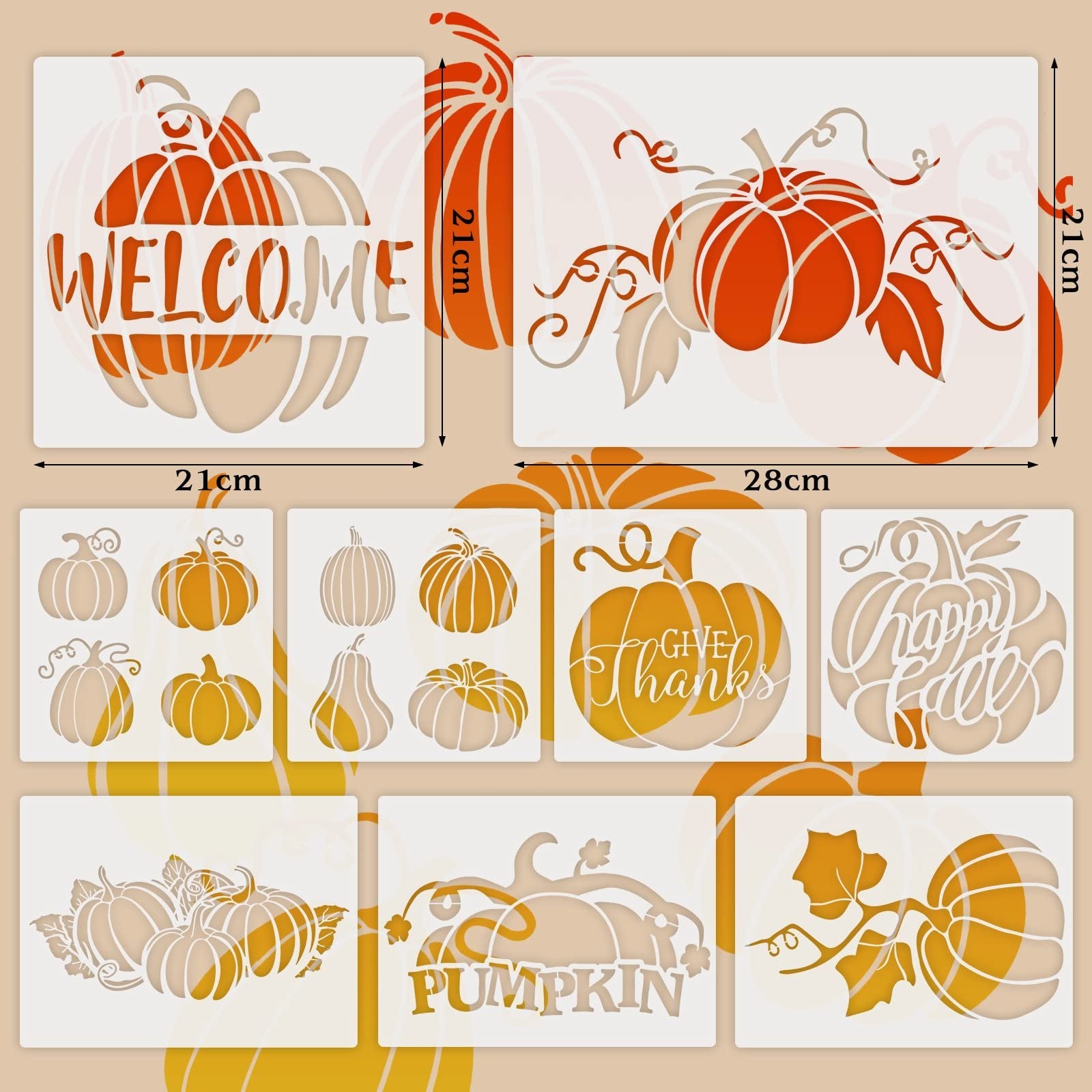 Collection of fall pumpkin stencils with text overlays like WELCOME, GIVE THANKS, HAPPY FALL, and PUMPKIN.