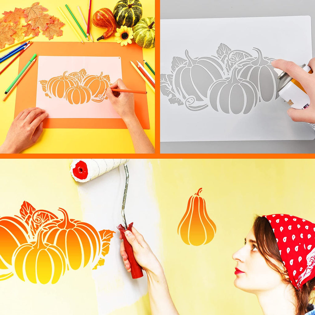 Collage of pumpkin stencils being used for crafts and home decor