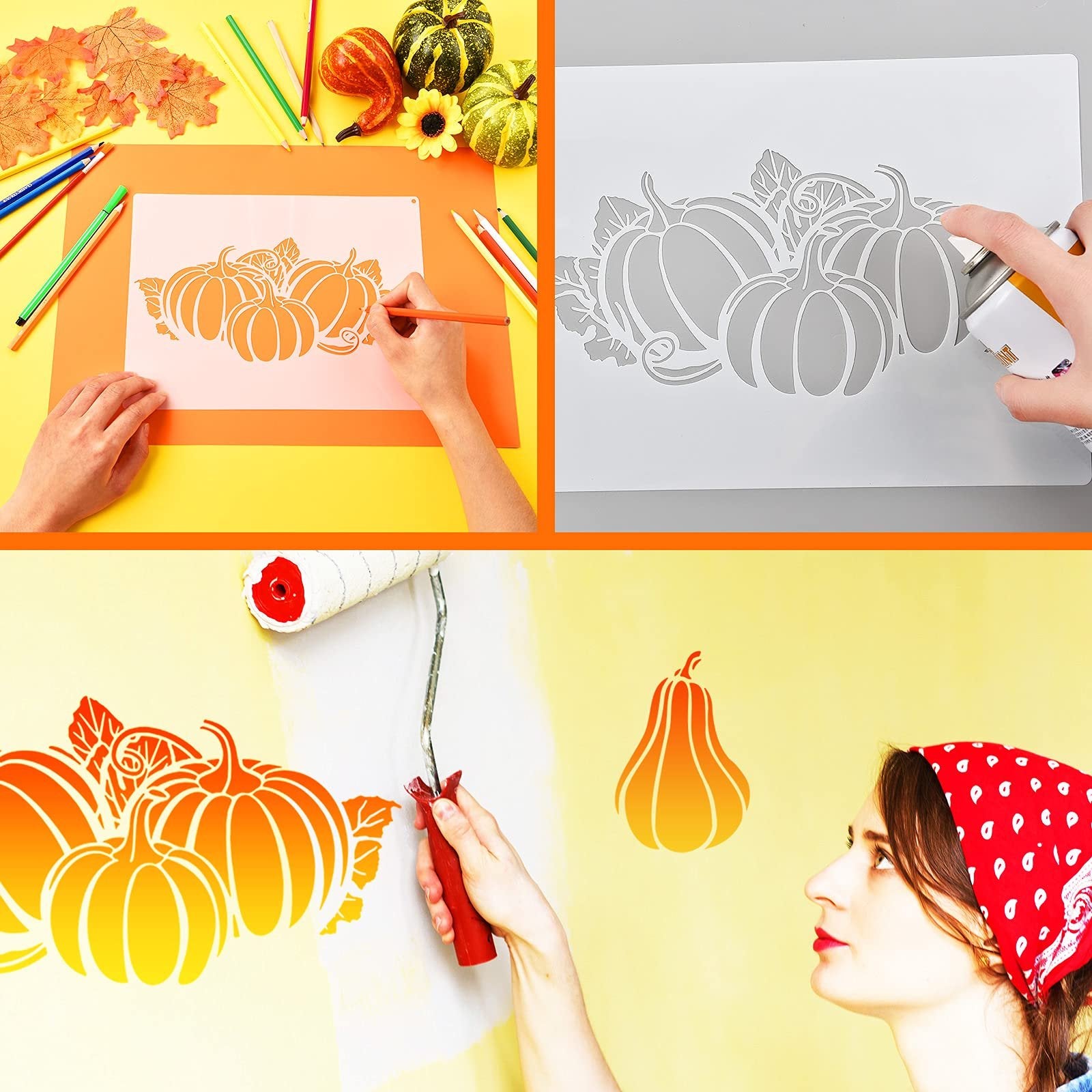 Collage of pumpkin stencils being used for crafts and home decor
