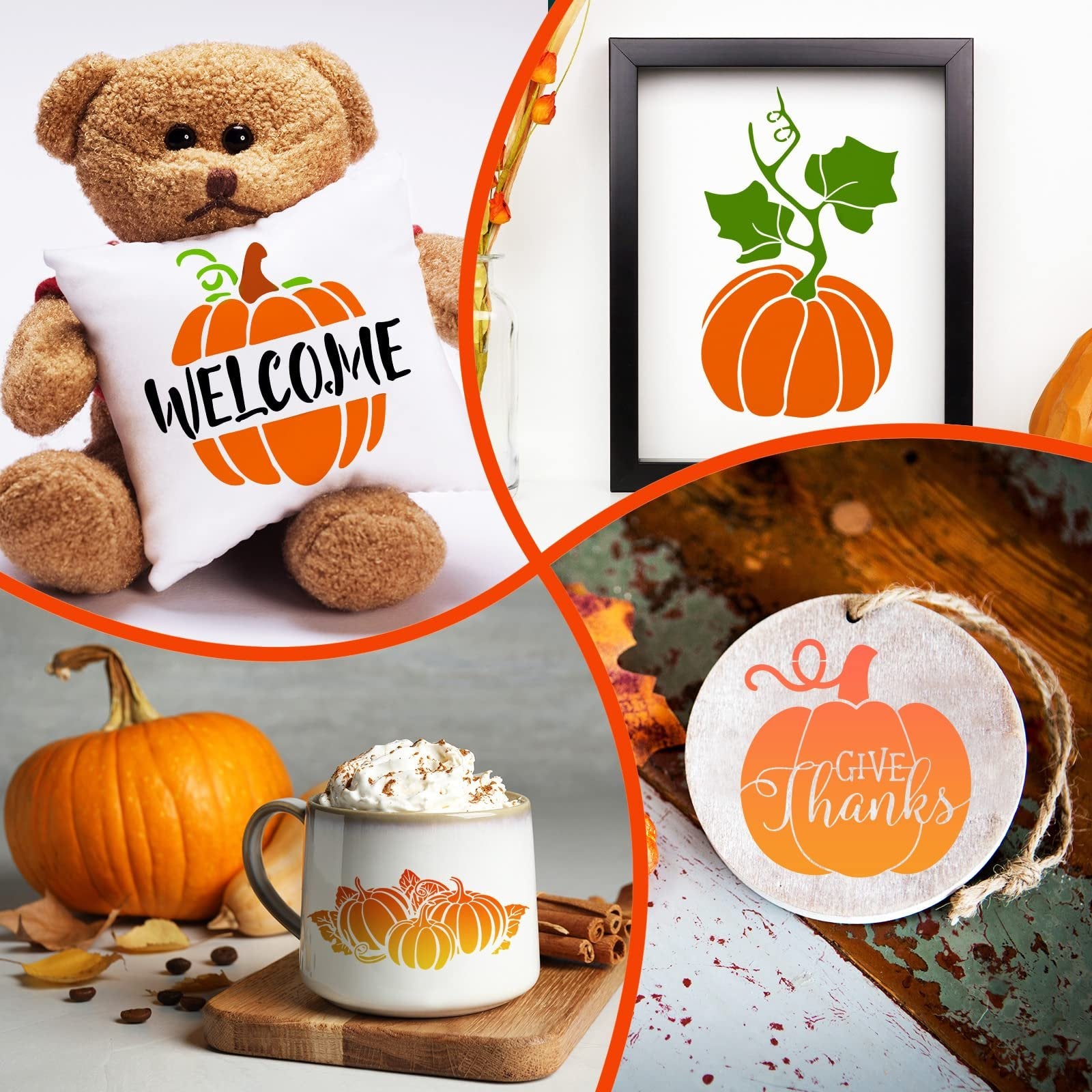 Collage of fall-themed decorations including a teddy bear holding a pillow with a pumpkin stencil, a framed pumpkin art print, a mug with pumpkin designs, and a round wooden ornament with a pumpkin stencil.