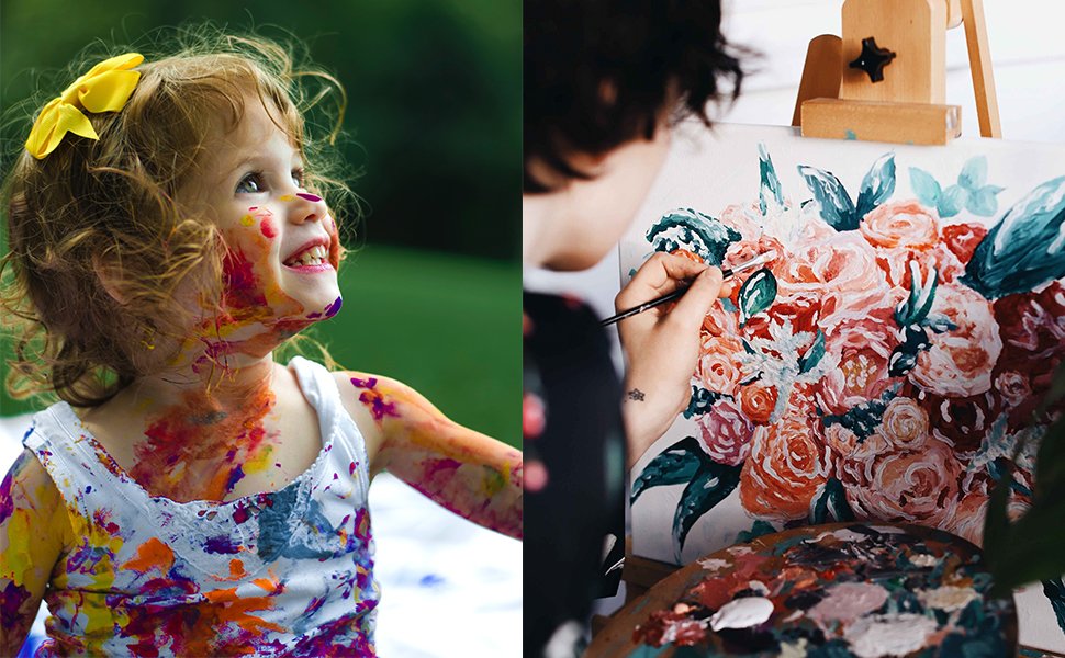 Young child covered in paint smiles, and an artist paints a floral bouquet on canvas.